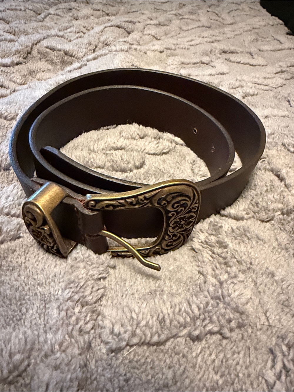 Classic Brown Leather Belt with Ornate Brass Buckle